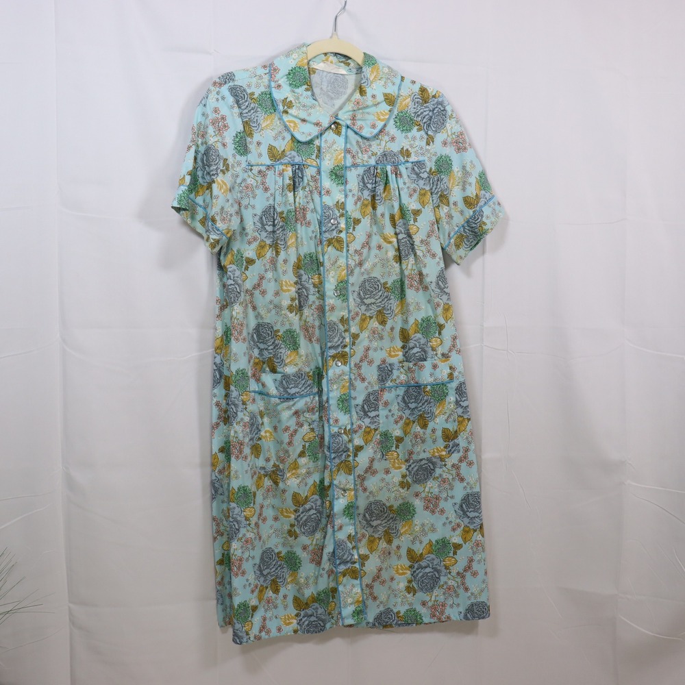 K-Mart Floral Housecoat Robe L Blue Womens Vintage Snap Front Duster
